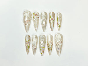 Ethereal Floral Press On Nails | Pearl Chrome Stiletto Nails | 3D White Flower Nails | Luxury Bridal Nails | Elegant Handmade Nail| OB1296NC