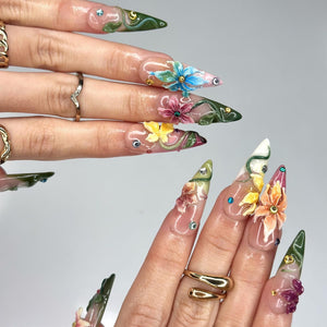 3D Tropical Flower Fairy Press On Nails | Colorful Floral & Green Vine Art | Whimsical Stiletto Design | Summer Festival Wedding | OB90DG