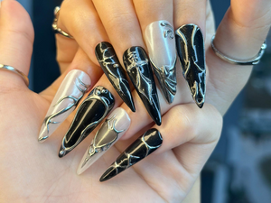 Black Silver Chrome Press On Nails | Gothic Metallic Nail Art | Winter Armor Nails | Holiday Party Nails | Handmade Gift Set | OC1193BK