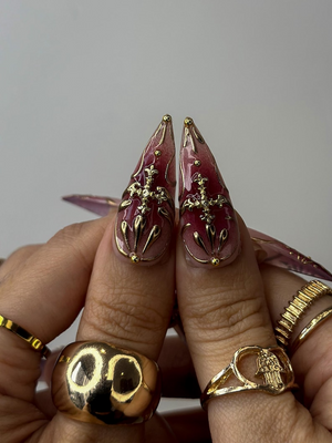 Golden Red Press On Nails | Burgundy & Gold Floral Nail Art | 3D Metallic Flower Design | Luxury Nail Set | Long Stiletto Press Ons| OC878HC