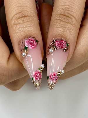 Vintage Rose Stiletto Press On Nails | Pink Rose Bridal Nails for Women | French Tip Floral Nails | Pearl Gold Nail| Romantic Nail |OB1276HC