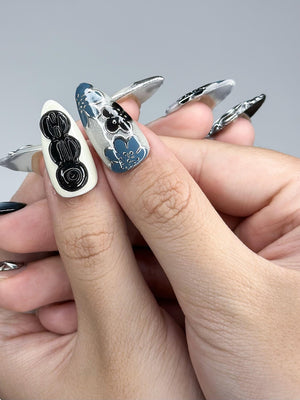 Kpop Inspired Indigo Voyage Nails | 7 Spirit Arirang Silver Shark Nails | Ocean Muse 3D Chrome Nails | Handmade Nails | OC357IC