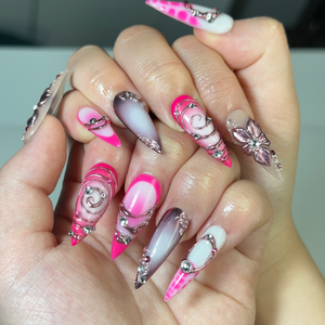 Hot Pink Press On Nails | Luxury Cyber Gyaru Stiletto Nails | 3D Chrome Flower Metallic Fake Nails | Y2K Futuristic Gift | OB406LK
