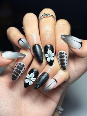 3D Monochrome Flora Nails | Reptile Print & Velvet Knit Press Ons | Luxury Gothic Minimalism Stiletto Art | OC1343IC
