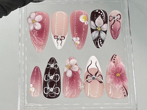 Elegant Pink & Burgundy Floral Short Press On Nails | Luxury Bridal Fake Nails | Gradient Pink Nail Art | Burgundy False Nails | OC707YG