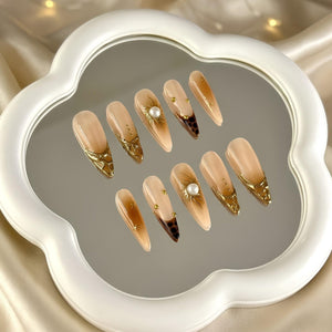 Gold Sun Pearl Press On Nails | Shiny Jelly Brown Nails | Luxury Gold Swirl Art | Bold Party Night | Elegant Prom Wedding Set | OB95DK