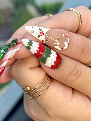 Cozy Knit Christmas Press On Nails | Red Green Holiday Nail Art |Festive Tree & Ribbon Design| Candy Cane And Snowflake Design | OB1195EK
