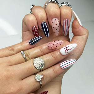 4th of July Press On Nails | Red White Blue Coquette Nails | Patriotic Almond Nails | USA Flag Summer BBQ Nails | Americana Nails | OB399LK