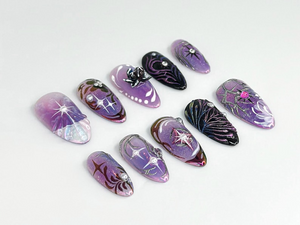 Galaxy Glitter Purple Press On Nails | Galaxy Star Nail Art | Metallic Purple Nails | Elegant Nail Set | Holographic Star Nails | OB671HC