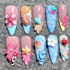 3D Shark Ocean Press On Summer • Blue Sea Animal Nails • Dolphin Whale Shark Nails • Summer Beach Nails Almond Shape | OB414L