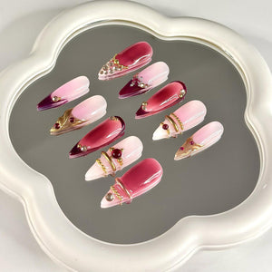 3D Gold Luxury Wine Red Press On Nails | Jelly Burgundy Ombre | Y2K Metallic Chrome Art | Statement Wedding Party | OB1351DG