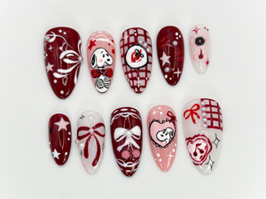 Snoopy-Inspired Red Press On Nails | Unique Hand-Painted Snoopy Design | Charming Stars and Bows Nail Set | Artistic Handmade Nail | OB566HK