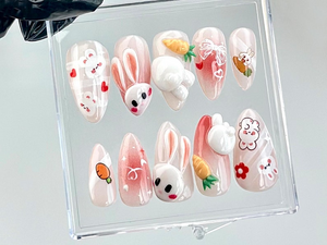 Bunny-Easter Almond Nails | Bunny Ears & Carrot Nail Art | Cute Animal Fake Nails | Adorable 3D Pink False Nails | Kawaii Nails | OB728YC