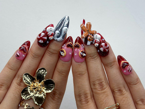 Gingerbread Red Christmas Press On Nails | 3D Christmas Cookie Nail | Peppermint & Snowman Holiday Nails| Red Glitter Festive Nails |OB216HC