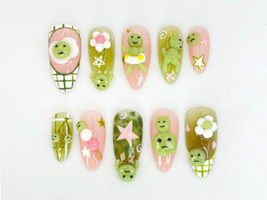 Kawaii Smiski-Inspired Press On Nails | Smiski-Inspired 3D Nails with Pink and Green Accents | Playful Smiski and Star Nail Set | OB640HK