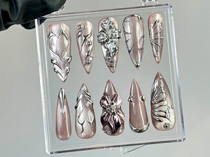 Metallic Chrome Press On Nails | Butterfly Wings Press Ons | Shiny Silver Fake Nails | Elegant Metallic Nail Art |Gothic, Y2K Nails |OB755YK