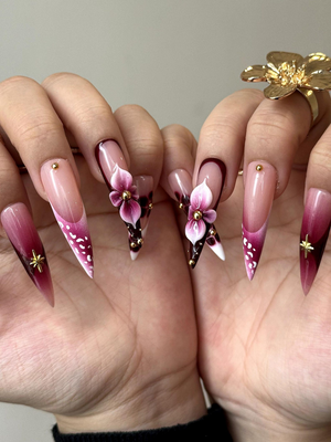 Elegant Floral Press On Nails | 3D Floral Ombre Nails | Burgundy & Pink Gradient Nail Art | Luxury Handmade Press Ons | OC881HC