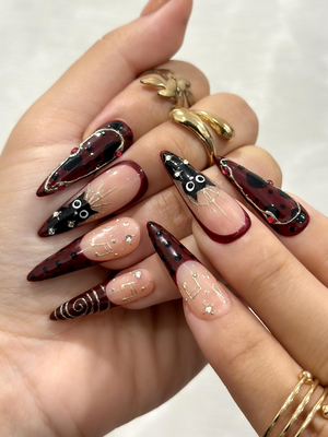 Gothic Ruby Witch Press On Nails | Red Black Sorcery Nail Art | 3D Ring Accents & Mystic Symbols | Luxury Dark Glam Set | OB1202EC
