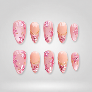 Peach Floral Glossy Gold Line Press-On Nails - Aninail
