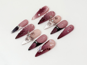 Burgundy Floral 3D Press On Nails | Floral Design with Rhinestones| Floral Accents And Pearl Details | Stylish & Trendy Nail Design | OB660H