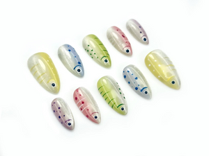 Shimmering Tropical Fish Press On Nails | Colorful Ocean-Inspired Nail Art | Silver Glitter Base with Vibrant Fish Details | OB1044EC