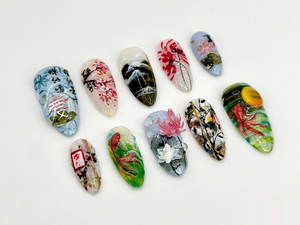 Japanese-Inspired Koi Fish Almond Nails | Asian-Inspired Scenic Fake Nails | Serene Waters Nail Art | Lotus and Bamboo Fake Nails | OB663YC