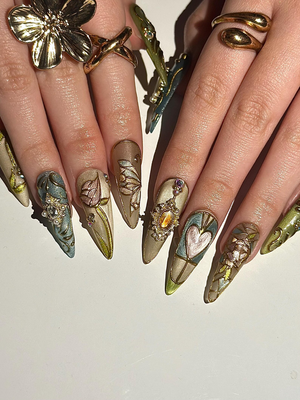 Baroque Stained Glass Press On Nails | Vintage Luxury Heart Nails | Handmade Victorian Aesthetic Nails | Handmade Stiletto Press Ons|OB311HC