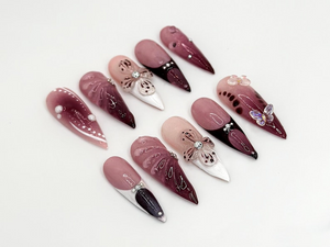 Burgundy Floral 3D Press On Nails | Floral Design with Rhinestones| Floral Accents And Pearl Details | Stylish & Trendy Nail Design | OB660H