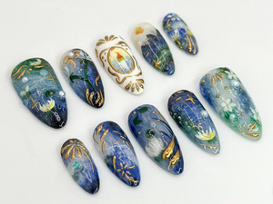 Handcrafted Galaxy Press On Nails | Blue and Gold Star Nails | Mystical Cosmic Nail Art | Galaxy-Inspired Luxury Nails | Dreamy Nail|OB579HK