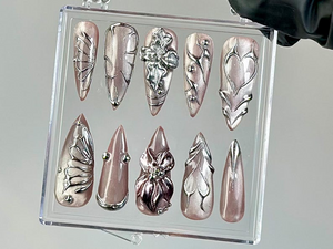 Metallic Chrome Press On Nails | Butterfly Wings Press Ons | Shiny Silver Fake Nails | Elegant Metallic Nail Art |Gothic, Y2K Nails |OB755YK