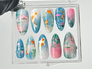 Ocean-Inspired Press On Nails | Hand-Painted Koi Fish Press On Nails | Floral Lotus Nail Art | Ocean Nails | Summer Press On nails | OB432TL