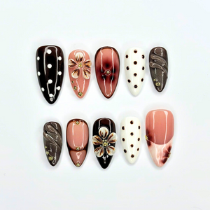 Autumn Floral Press On Nails with 3D Flower | Chocolate Brown Almond Nails | Vintage Botanical Nail Art for Fall, Thanksgiving | OB491UI