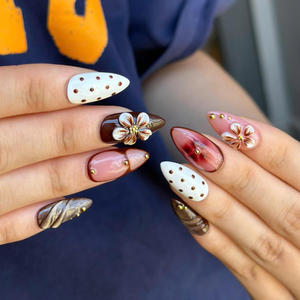 Autumn Floral Press On Nails with 3D Flower | Chocolate Brown Almond Nails | Vintage Botanical Nail Art for Fall, Thanksgiving | OB491UI