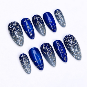 Blue Celestial Press On Nails with Silver Star Details | Midnight Blue Nails | Y2K Almond Fake Nails | OB530WC