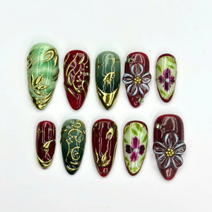 Burgundy Floral Press On Nails with Gold Details | Vintage Botanical Nail Art | Elegant Handmade Nails | OB545UC