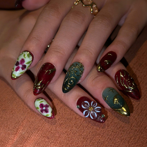 Burgundy Floral Press On Nails with Gold Details | Vintage Botanical Nail Art | Elegant Handmade Nails | OB545UC