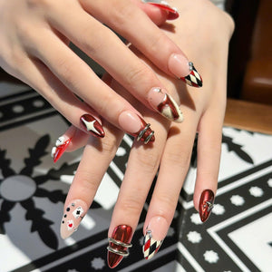 Casino Press On Nails with Dice & Poker Cards | Chrome Red Fake Nails in Almond Shape | Handmade Nail Art for Party, Concert | OB471UC