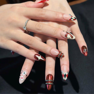 Casino Press On Nails with Dice & Poker Cards | Chrome Red Fake Nails in Almond Shape | Handmade Nail Art for Party, Concert | OB471UC