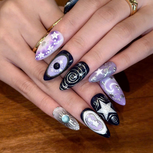 Celestial Press On Nails with Moon and Stars | Mystical Purple Silver 3D Nail Art | Handmade Almond Fake Nails for Cosmic Style | OB516UI