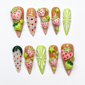 Kawaii Strawberry Press On Nails | Handmade Fruit Nails, Green Bow Nails, Y2K Cute Nails, Salon Quality Reusable Nailsr | OB432LG