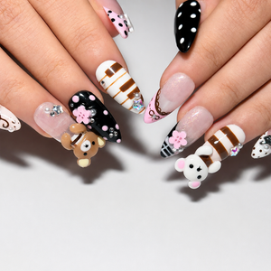 Teddy Bear Press On Nails Almond • Pink Black Kawaii 3D Bear Flower Music Note Fake Nails • Cute Birthday Gift for Her| OB430LC