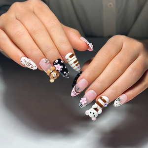 Teddy Bear Press On Nails Almond • Pink Black Kawaii 3D Bear Flower Music Note Fake Nails • Cute Birthday Gift for Her| OB430LC