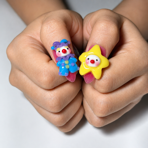 Clown Press On Nails Almond • Pink Blue Kawaii 3D Clown Star Candy Swirl Glitter Fake Nails • Cute Birthday Gift for Her | OA431LC