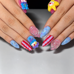 Clown Press On Nails Almond • Pink Blue Kawaii 3D Clown Star Candy Swirl Glitter Fake Nails • Cute Birthday Gift for Her | OA431LC