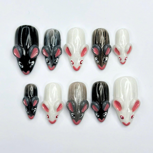 Cute Woodland Animal Press On Nails, Kawaii Forest Nails, Handmade 3D Animal Nail Set, Glossy Black White Nails, OB461UC