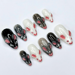 Cute Woodland Animal Press On Nails, Kawaii Forest Nails, Handmade 3D Animal Nail Set, Glossy Black White Nails, OB461UC