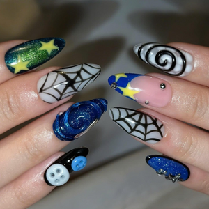 Dark Fantasy Press On Nails with Button Eyes | Spider Web & Galaxy Art | Spooky 3D Nail Set | OB556UC