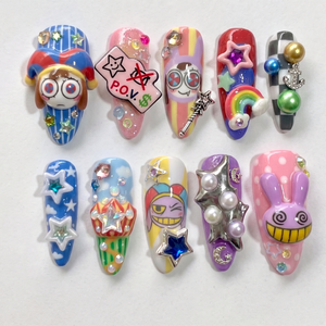 Whimsical 3D Cartoon Press On Nails, Cute Jester & Purple Bunny Fake Nails Handpainted Colorful Star Nail Set Reusable Gel Nails Box| OB413L