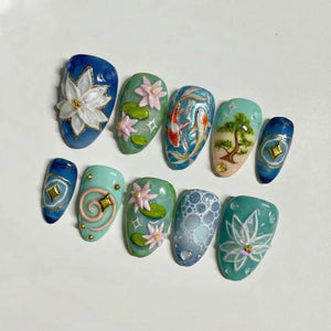 Lotus Koi Serenity Press On Nails | Zen Pond Nail Art | Koi Fish & Lotus Flower Nails | Nature Inspired Press Ons | OB264EC