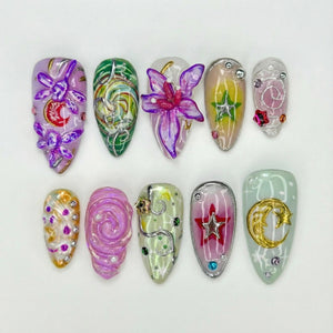 Spring Fairy Garden Press On Nails | Colorful 3D Floral Nail Art | Fantasy Galaxy Press Ons | Handmade Statement Nails | OB266EC